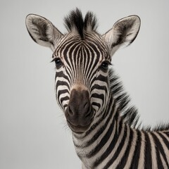 "A baby zebra looking at the camera on a plain white background"