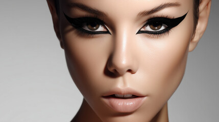 Fototapeta premium Bold, geometric eyeliner shapes meet vintage aesthetics. Perfect for fashion-forward campaigns, beauty blogs covering avant-garde looks, or brands targeting expressive individuality.
