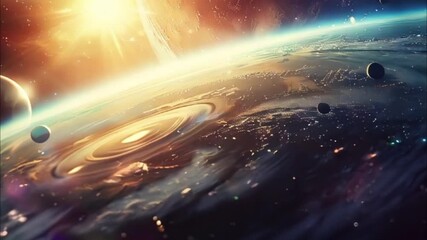 Planets gather in the solar system amidst glowing stars in a vibrant cosmic atmosphere