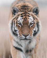 Naklejka premium front-facing close-up portrait of a tiger in natural habitat with sharp detail on fur and eyes, intense gaze and majestic wildlife presence captured in outdoor blurred background for nature and animal