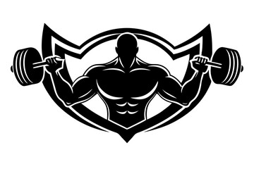 Bodybuilder Silhouette Emblem: A striking silhouette of a bodybuilder lifting dumbbells within a dramatic shield emblem, perfect for fitness branding and gym décor.  