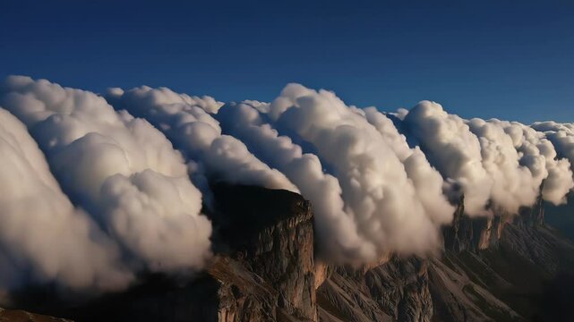Dramatic clouds rolling over mountain peaks at sunset