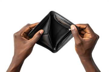 Empty wallet held by dark skinned hands  isolated on white background