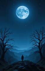 A man stands atop a grassy hill, gazing up at a luminous full moon illuminating the night sky. Stars twinkle around him, casting a serene glow on his silhouette.