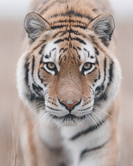 Naklejka premium front-facing close-up portrait of a tiger in natural habitat with sharp detail on fur and eyes, intense gaze and majestic wildlife presence captured in outdoor blurred background for nature and animal