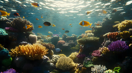 Naklejka premium Vibrant Coral Reef with Colorful Fish Under Sunlight