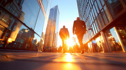 Businessmen Walking Towards Sunset in Modern City