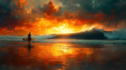Fototapeta premium A lone surfer stands at the edge of the glowing ocean, bathed in fiery sunset hues, waves crashing ahead, capturing the spirit of solitude, freedom, and anticipation before an exhilarating ocean ride
