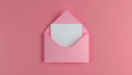 Open pink envelope with empty white sheet coming out on pink textured background. Top view. Pastel pink background romantic love design. Wedding copy space