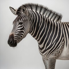 "A realistic zebra standing on a pure white background, side profile"