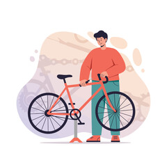 Fototapeta premium Man repairing orange bicycle with pump in casual outfit on abstract background