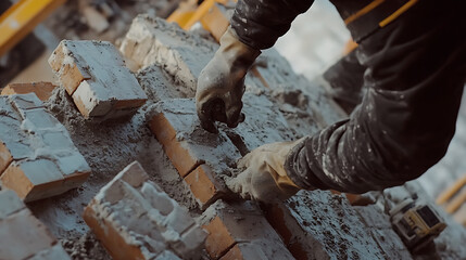 Construction Worker Laying Bricks with Mortar