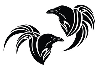 mysterious raven profile head with stylized tribal style wing - magic spirit bird black and white vector design set