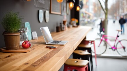 Bike cafe work station setup style. Cozy café interior with wooden counter and bicycle outside.
