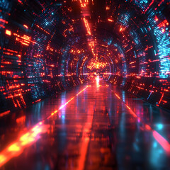 Obraz premium A futuristic tunnel glows with red and blue lights. It could be used as a background for a sci-fi game or a tech presentation giving a feel of advanced technology.