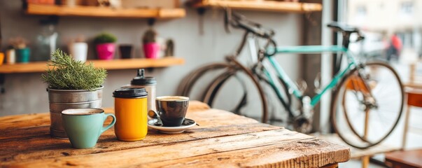 Bike cafe work station setup style. Cozy café scene with coffee cups and a bicycle in the background.
