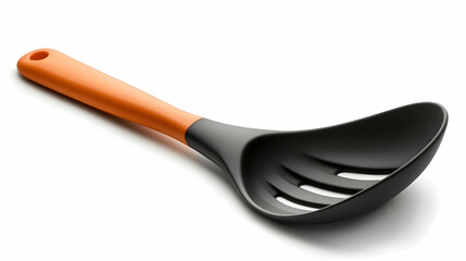Black Slotted Spoon with Orange Handle on White Background