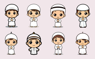 Chibi Muslim Man Icon in White Outfit with Songkok After Prayer