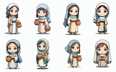 Fototapeta premium Chibi Biblical Woman Icon with Veil and Clay Jar in Hand