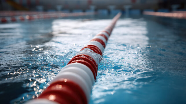 Calm competitive swimming pool surface with lane ropes creating serene atmosphere for athletes