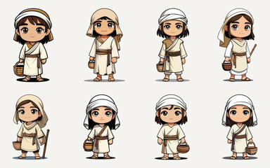 Fototapeta premium Eight Chibi Arab Characters in Traditional Ancient Outfits Icon Set