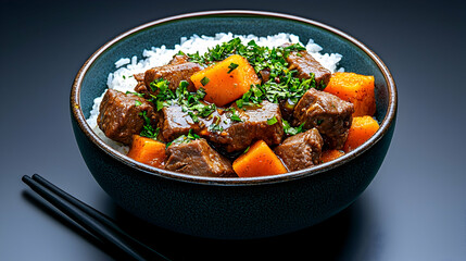 Dark Blue Bowl of Beef Stew with Pumpkin and Rice