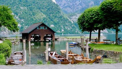 Boats and boathouse on Lake Traunsee in Traunkirchen,  Austria