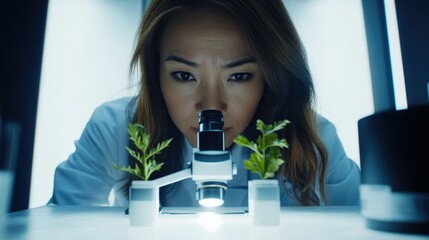 A female scientist meticulously examines plant samples under a microscope in a laboratory setting.