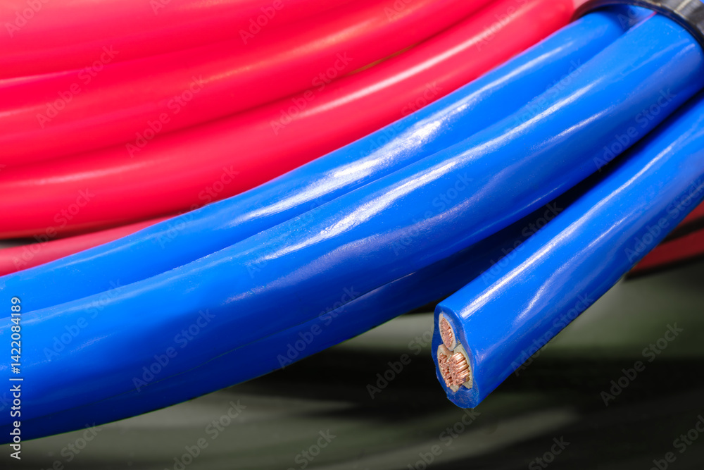 Poster a blue and red wire is shown in the image. the blue wire is wrapped around the red wire, and the two