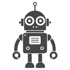 A Simple Black and White Illustration of a Classic Toy Robot with Circular Eyes and Claw Hands

