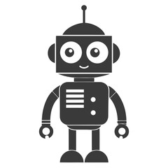 A Simple Black and White Illustration of a Classic Toy Robot with Circular Eyes and Claw Hands

