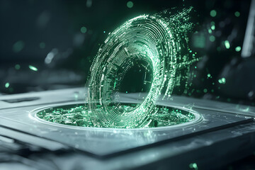 A futuristic digital portal glows with intricate green circuitry. Suggesting a gateway or data stream for advanced technology. Ideal for tech design or sci-fi themes.