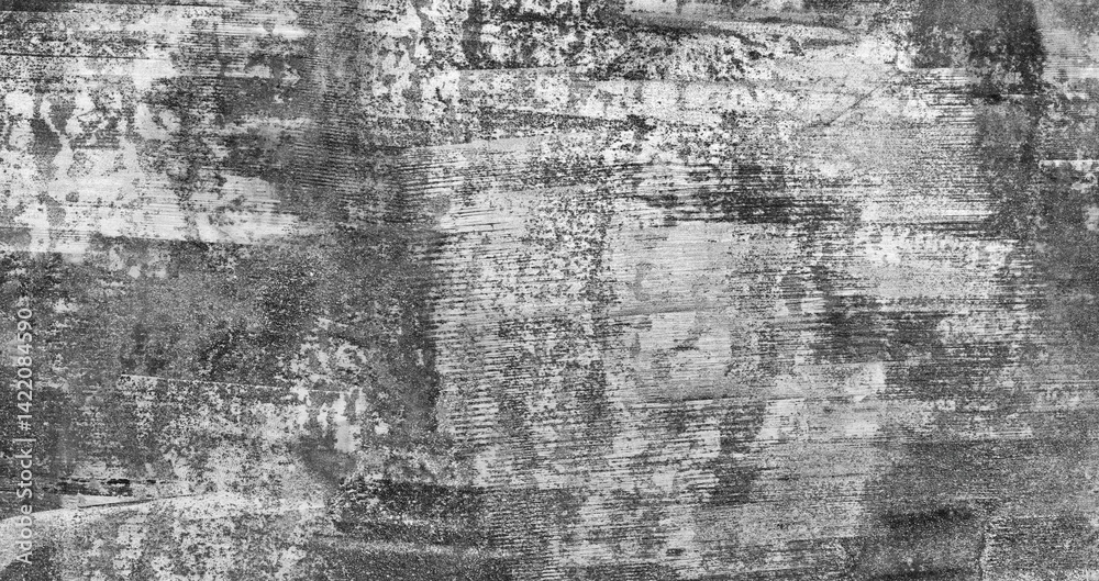 Poster Gray wall with many cracks and holes. wall is made of concrete and has a rough texture as an abstract texture background for template pages and banners.