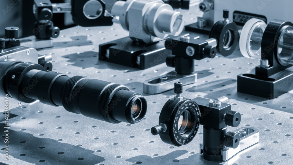 Poster Optical equipment including telescope and lenses are displayed on a table in a laboratory. Optics and photonics concept science experiment with laser background.