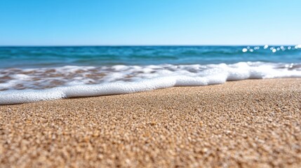 Obraz premium Gentle Wave Rolling onto Soft Sandy Beach under Clear Blue Sky