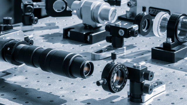 Optical equipment including telescope and lenses are displayed on a table in a laboratory. Optics and photonics concept science experiment with laser background.