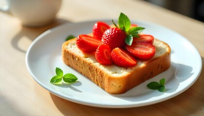 A slice of toast on a white plate. The toast is golden brown and appears to be freshly baked. On top of the toast, there are fresh strawberries arranged in a circular pattern. 