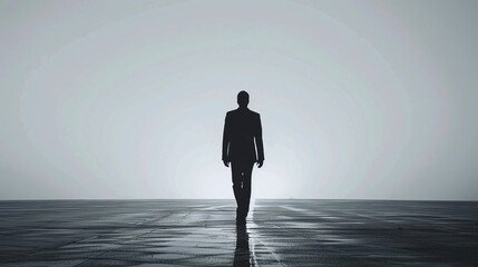 Silhouette of a man in a suit walking alone on a vast, empty landscape under a cloudy sky