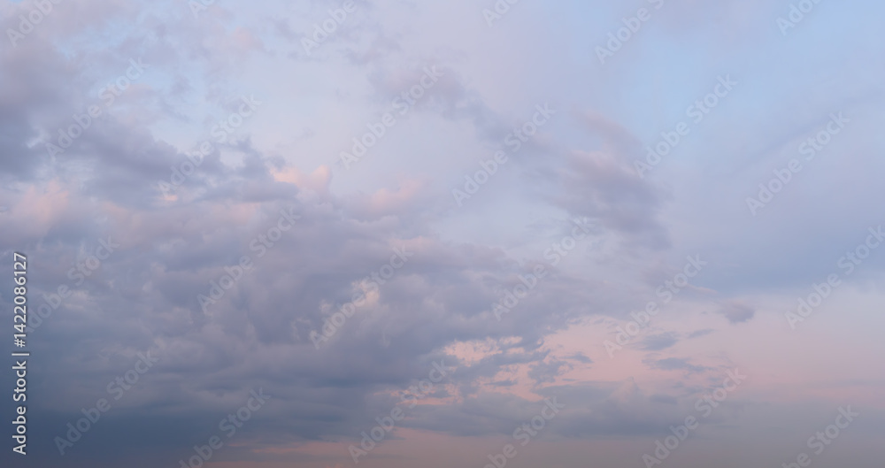 Poster beautiful evening heaven red sky sunset with different clouds with gaps in clear blue sky