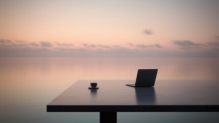 Open laptop computer and a cup of coffee on wooden table by the water.