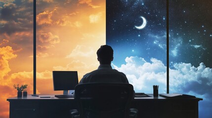 Man creative employee sits at his desk and works on his laptop after a long day at the office.