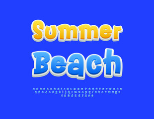 Vector Advertising flyer Summer Beach. Funny Blue Font. Trendy Playful Alphabet Letters and Numbers set.