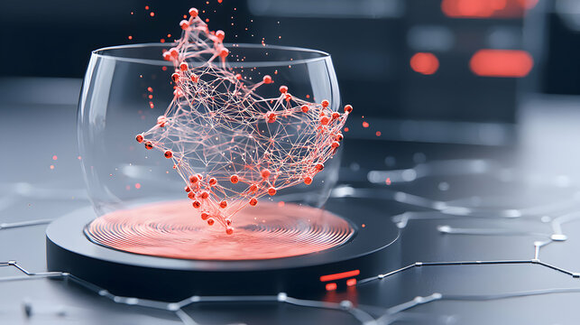 Abstract image showcasing a network of connected spheres within a glass vessel suggesting technology data visualization or scientific concepts. It also could be a promotional image.