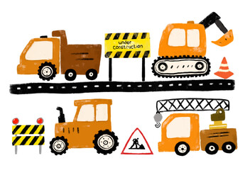 Cute set of orange construction site machines vehicles transportation excavator crane tractor dump trash truck road street doodle hand drawn kids crayon watercolor illustration safety sign