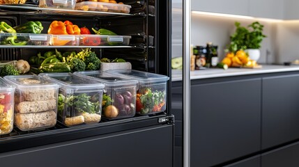 Brightly Lit Refrigerator Filled with Fresh Food and Colorful Produce