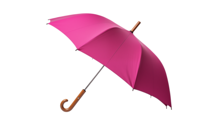 A vivid pink umbrella with a wooden handle against a black background isolated on transparent background	