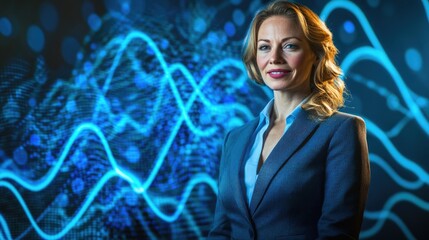 Confident businesswoman standing before a dynamic blue data visualization background.