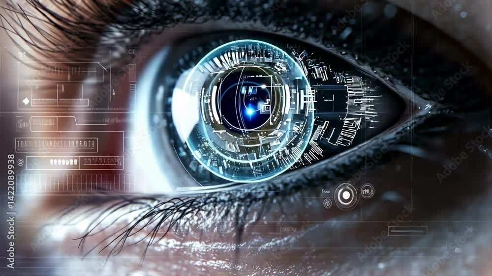 Poster Close up of an eye reflecting a complex digital interface, suggesting advanced technology integrated with human vision, exploring themes of futuristic enhancements and the potential of cybernetics