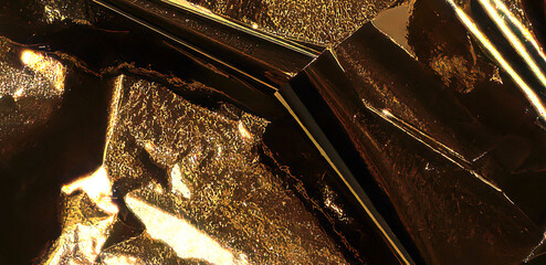 Copper foil with metallic, shiny texture creates a dramatic, high-contrast surface. Angular folds...