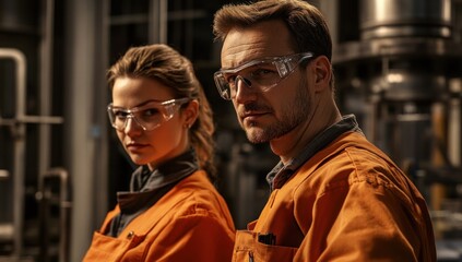 Two people wearing safety glasses and orange jumpsuits stand in an industrial setting.